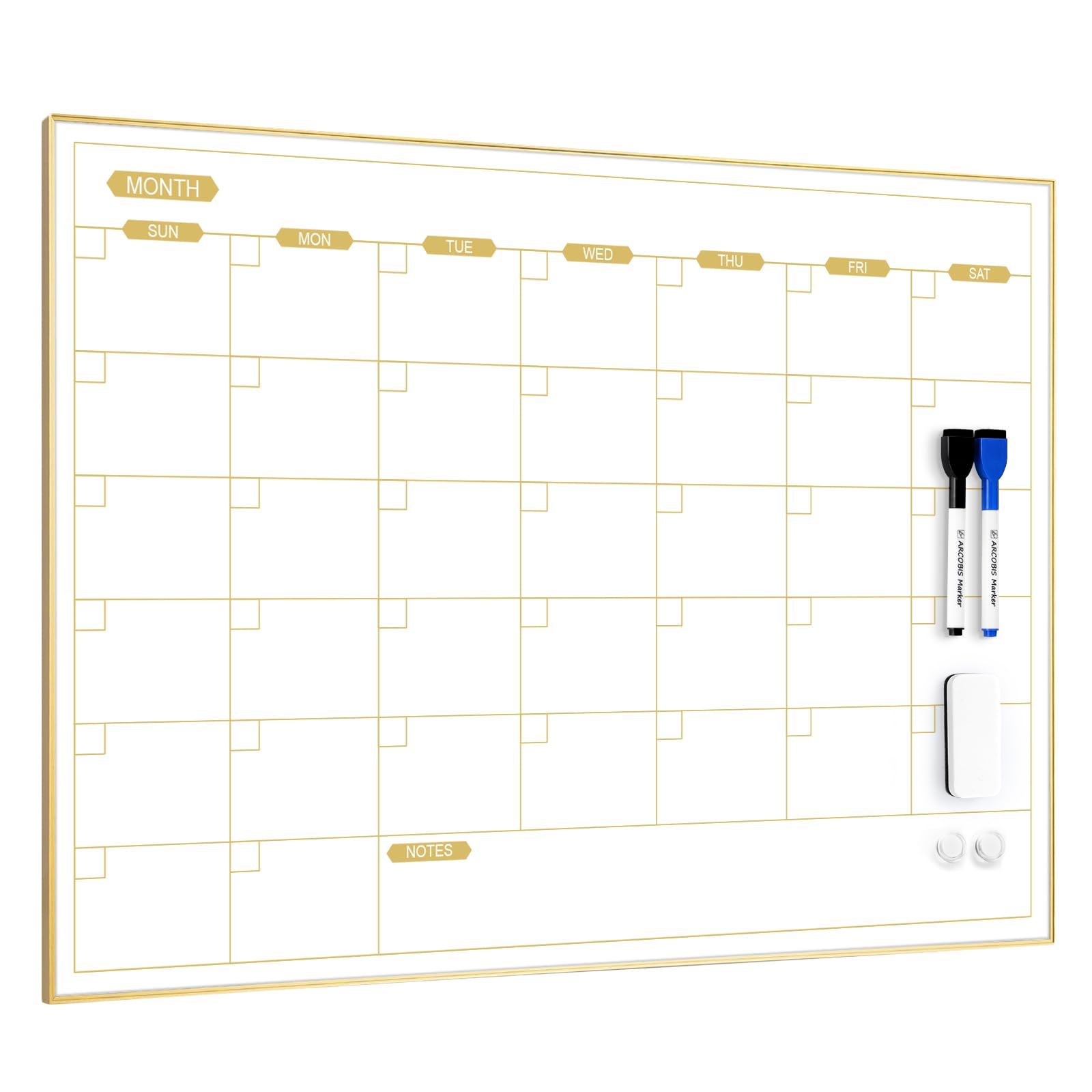 ARCOBIS Monthly Calendar Whiteboard, 60 x 45 cm Magnetic Dry Erase Calendar with Gold Frame, Wall Hanging Planner for Home, Office, School