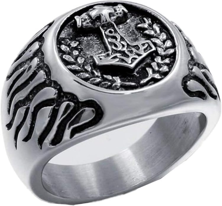 LAFATINA Viking Norse Thor's Hammer Ring, Punk Men's Mjolnir Norse Thunder Celtic Band Ring for Women Men Size 8-13