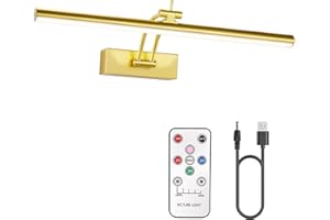 Yuichoy Picture Lights Battery Operated, Wireless LED Display Art Lights for Wall with Remote, 16" Dimmable 5200mAh Painting Light for Frame, Portrait, Gallery, Library, Brass