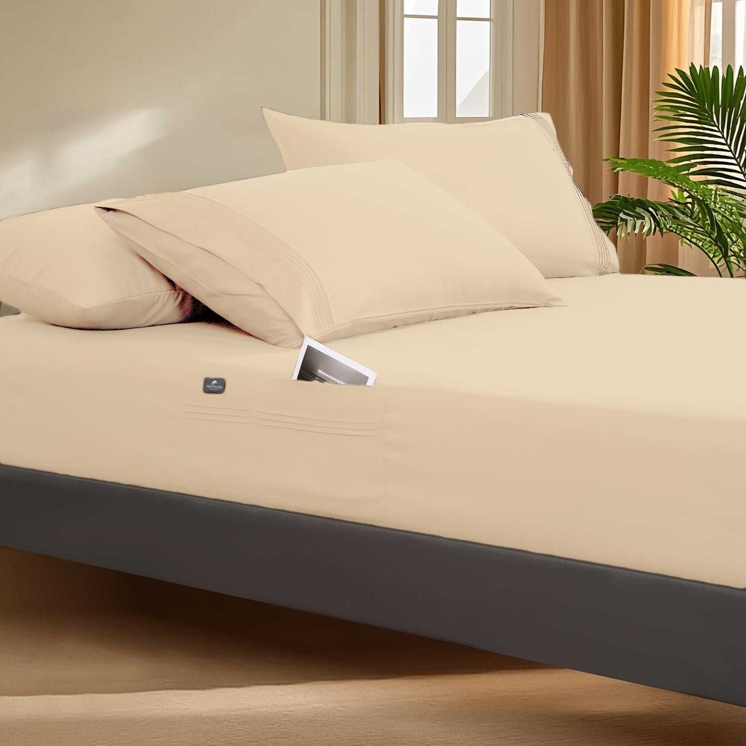 Popfavor Deep Pocket Twin Fitted Sheet with Straps - Fits Mattresses Up to 21" Thick - 2 Piece Bed Sheets - Moisture Wicking, Cooling & Soft Fitted Sheet & Pillow Cases (Beige)
