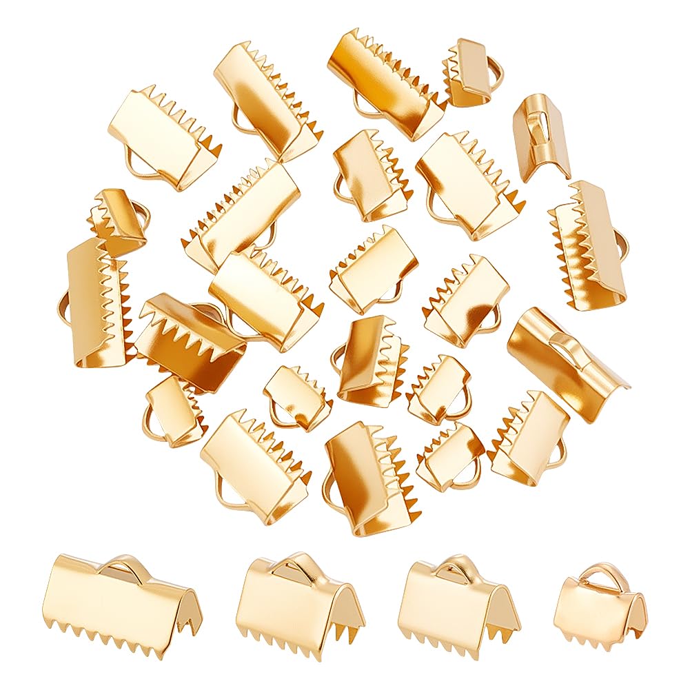UNICRAFTALE 4 Sizes 24pcs Golden Rectangle Ribbon Ends Stainless Steel Ribbon Clamp Crimps with Loop Ribbon Ends Fastener Clasp Leather Crimp Ends for Jewelry Making