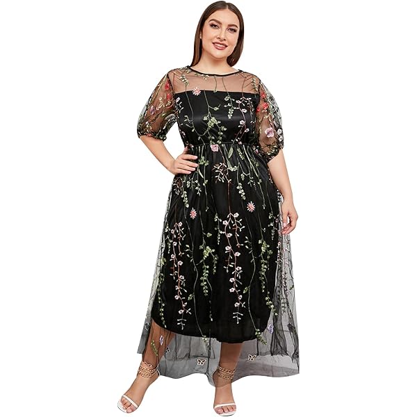 WDIRARA Women's Plus Size Floral Embroidery Mesh Flounce Sleeve Bodycon  Dress Black 3XL at Amazon Women's Clothing store