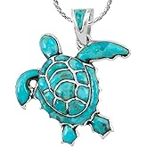Turquoise Network Turtle Pendant Necklace 925 Sterling Silver Genuine Gemstones & 20" Chain