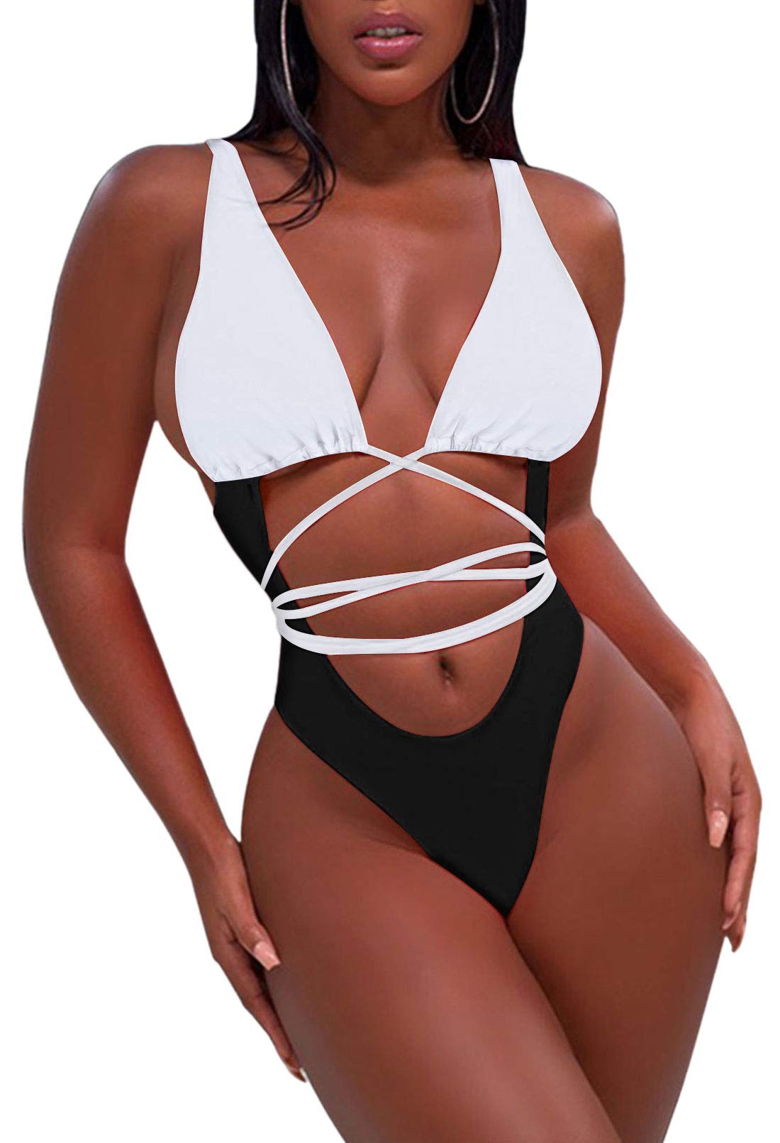 Photo 1 of Sovoyontee 2025 Women's Thong Sexy One Piece Bikini Swimsuits Swimwear, White Top and String Match Black Bottom, L