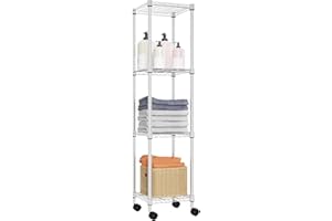 M MZG Storage Shelves Adjustable, 4 Tier Shelving Units for Storage with Wheels, Corrosion Resistant Wire Shelving Unit for Kitchen Closet Bathroom Office, Chrome 11.8" D x 11.8" W x 48.1" H