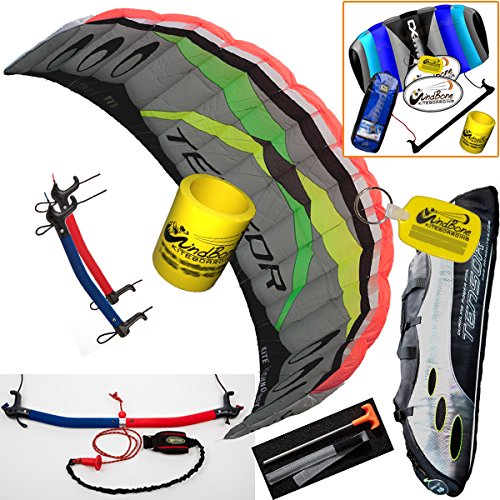 Prism Tensor 5.0 Power Foil Kite 3-Line Control Bar CX Kite Bundle: (5 Items) Includes 2ND Control Bar Kite : CX 1.5M Foil Control Bar Trainer Kite + WindBone Kiteboarding Lifestyle Decals + WindBone Kitesurfing Key Chain + WB Kiteboarding Koozy Cooler : Land Snow Traction Trainer Foil Power Kite (Best Kiteboarding Control Bar)