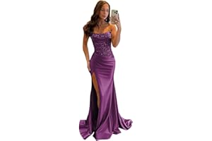 Cilontug Satin Mermaid Prom Dresses Sparkly Sequin Strapless Corset Formal Evening Party Gown with Slit