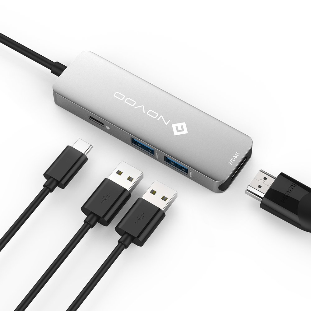 NOVOO USB C Hub Aluminium mit HDMI 4K Adapter, 2* USB 3.0 Anschlüssen, Ladeanschluss für 12\