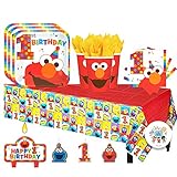 Sesame Street Elmo Turns One Birthday Party Pack for 16 with Plates, Napkins, Cups, Tablecover, and Candles