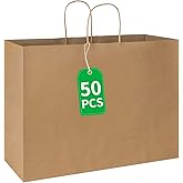 bagmad 50 Pack 16x6x12 Inches Large Plain Natural Brown Kraft Paper Bags with Handles Bulk for Shopping Wedding Grocery Retail Merchandise Business Craft Gift Bags(50 Count)