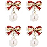 Gold Bow Earrings for Women Trendy Small bowknot Earring, Ribbon Waterfall Dangling Earrings, Pearl Bow earrings, Sparkly Elegant Bowknot Stud Earring Preppy Wedding Party Daily Jewelry Accessory Gifts