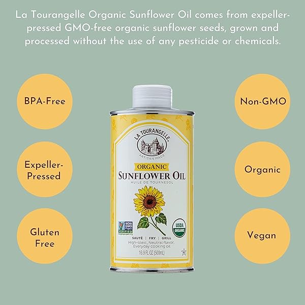 LA TOURANGELLE, ORGANIC HIGH OLEIC SUNFLOWER OIL, NEUTRAL OIL FOR MEDIUM TO HIGH HEAT COOKING AND SKIN CARE, NON GMO, PESTICIDE AND CHEMICAL FREE, 16.9 FL OZ