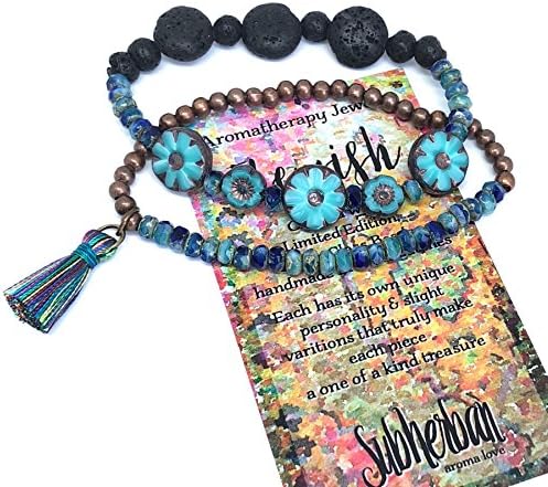 Subherban Handmade Essential Oils Aromatherapy Bracelet Set - FLEURISH - Turquoise Czech Glass Lava Stone Diffuser Jewelry for Women