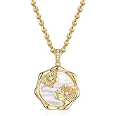 MTMY Birth Flower Necklace 14K Gold Plated Mother of Pearl Disc Birth Month Flower Pendant Necklaces for Women Personalized Custom Floral Jewelry Birthday Gift
