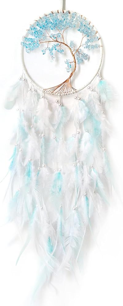Donko Handmade White & Cyan Dream Catcher Tree of Life Wall Decor