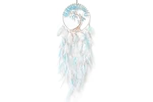 SOYUZU White and Cyan Dream Catcher Wall Decor Crystal Tree of Life Dream Catchers Handmade Feather Dreamcatcher Wall Hanging Ornament for Bedroom Living Room Home Decor