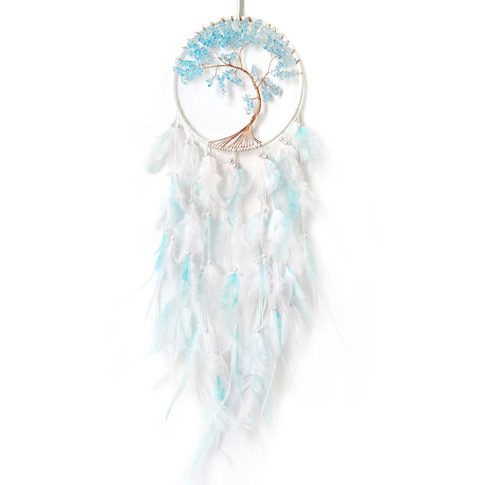 Donko White and Cyan Dream Catcher Wall Decor Crystal Tree of Life Dream Catchers Handmade Feather Dreamcatcher Wall Hanging Ornament for Bedroom Living Room Home Decor
