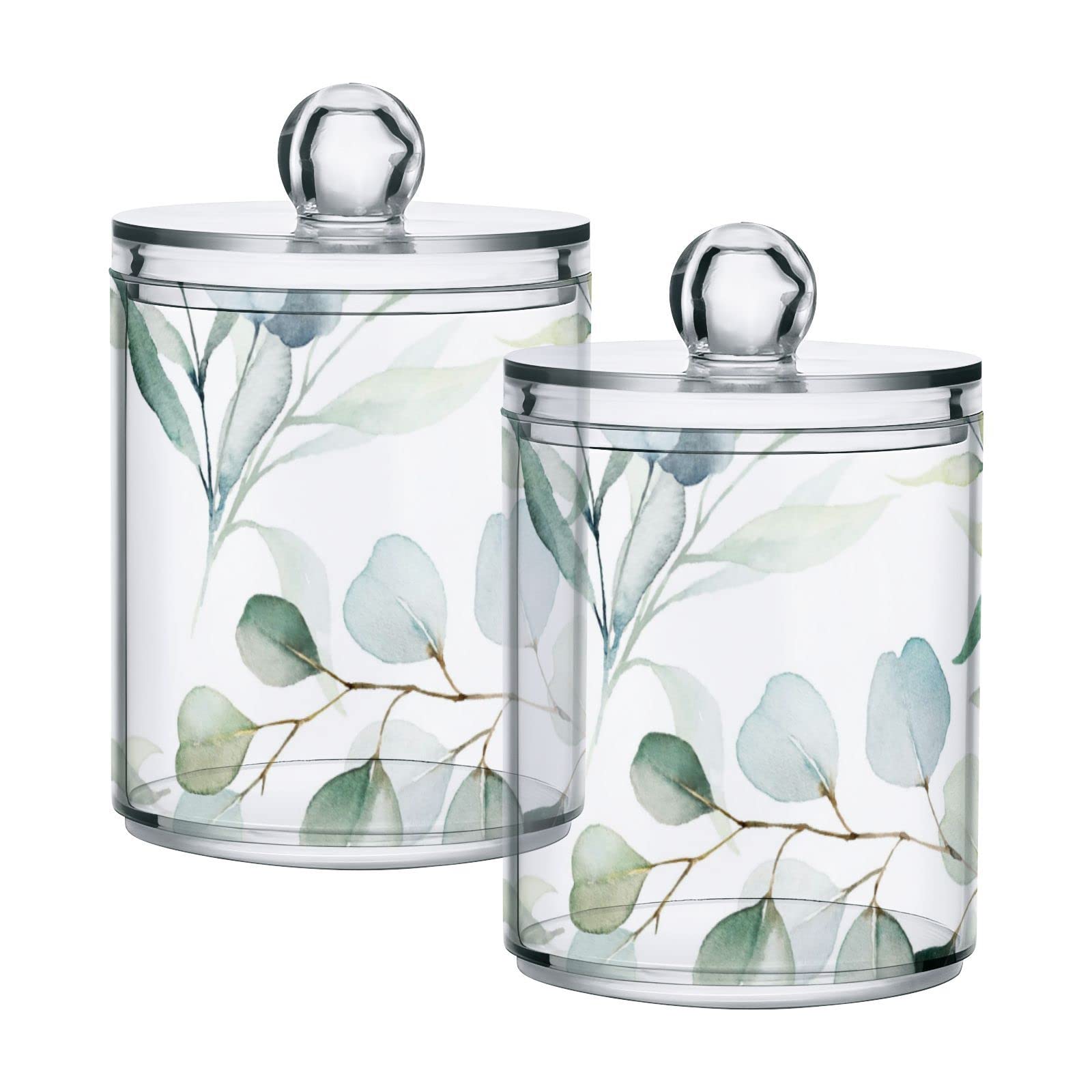 Photo 1 of 2 Pack Qtip Holder Dispenser for Cotton Ball Watercolor Green Eucalyptus Leaves Cotton Swab Round Pads Clear Plastic Acrylic Jar Set Bathroom Canister