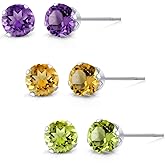 Gem Stone King Set of 3 Round 4MM Amethyst, Citrine and Peridot Stud Earrings For Women Men in 925 Sterling Silver