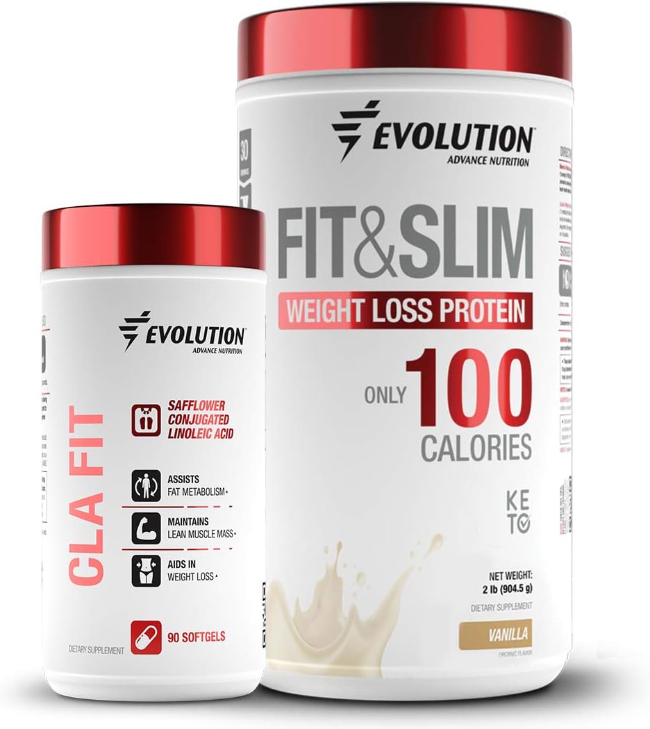 Evolution Advance Nutrition 2 Pack: Conjugated Linoleic Acid CLA 90 Softgels + Fit & Slim Blend, Grass Fed Whey Protein with Glucomannan, Inulin Fiber, Keto Approved, Non GMO