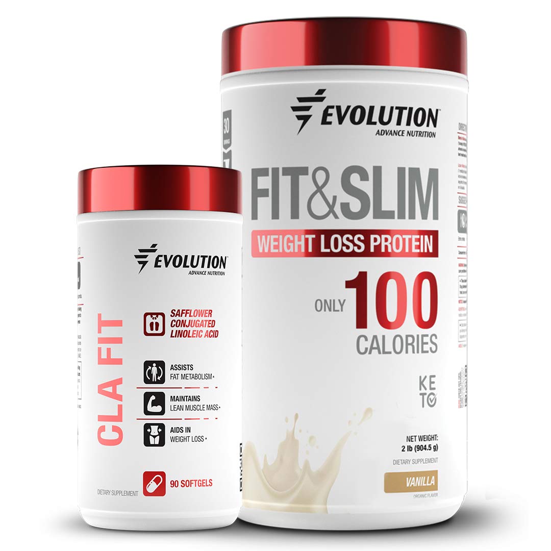 Evolution Advance Nutrition 2 Pack: Conjugated Linoleic Acid CLA 90 Softgels + Fit & Slim Blend, Grass Fed Whey Protein with Glucomannan, Inulin Fiber, Keto Approved, Non GMO