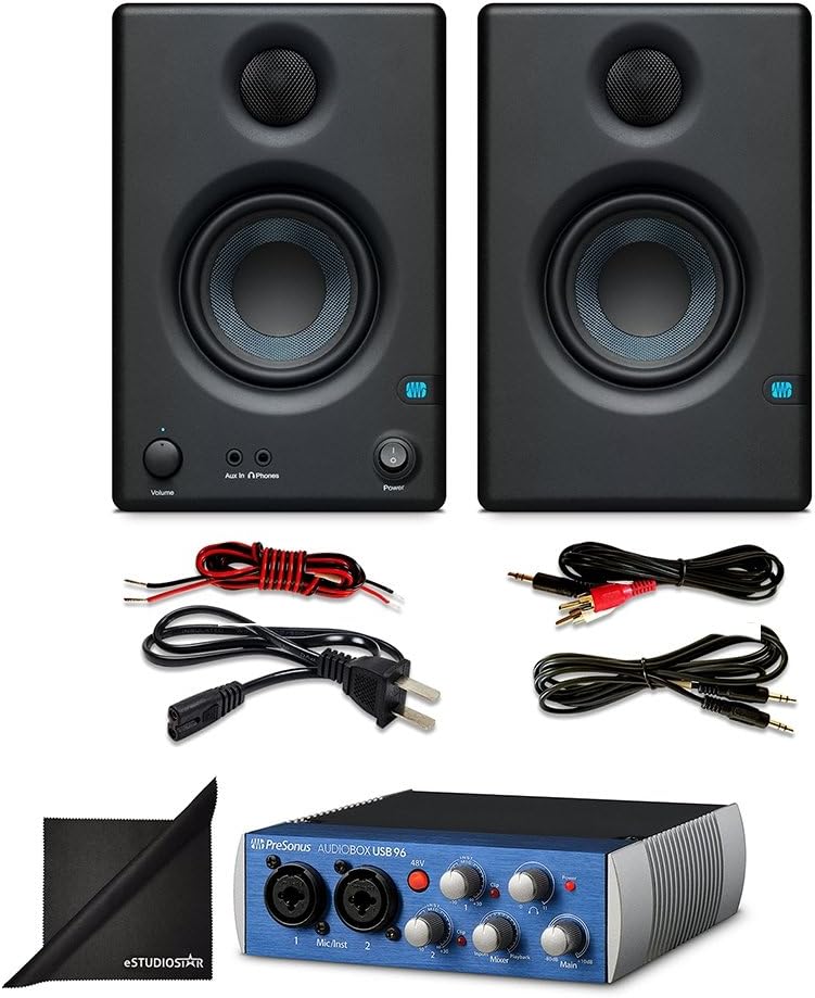 Presonus AudioBox USB 96 Audio Interface w/PreSonus Eris E3.5 3.5" Monitoring Speakers (Pair) and eStudioStar Polishing Cloth