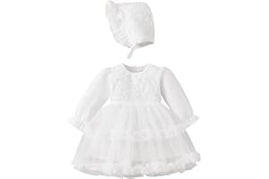 TENTIDE Newborn Baby Girl Christening Dress White Baptism Lace Short Sleeve Fall Wedding Dresses with Bonnet Outfit