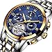 Watches for Men,LIGE Stainless Steel Waterproof Automatic Mechanical Watch Moon Phase Gents Fashion Casual Skeleton Tourbillon Wrist Watch Gold Blue