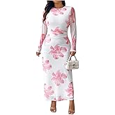 SweatyRocks Women's Plus Size Floral Print Mesh Bodycon Maxi Dresses Ruched Long Sleeve Cocktail Dress
