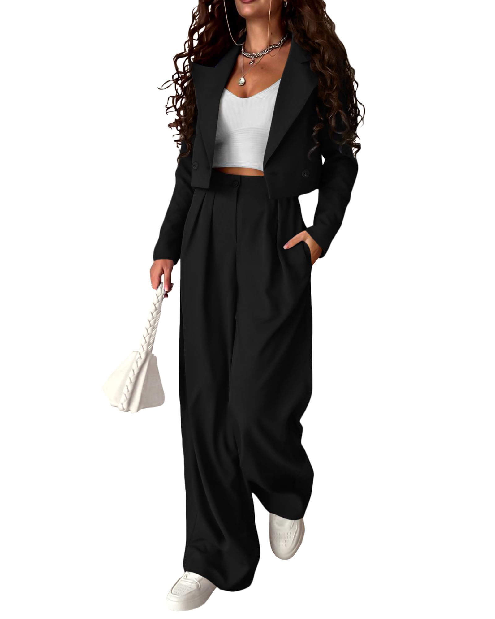 Photo 1 of KIRUNDO Blazer Sets Women 2 Piece Outfits Casual Cropped Blazer Jackets High Waist Wide Leg Pant Suits Dressy Office Clothes(Black, Small)