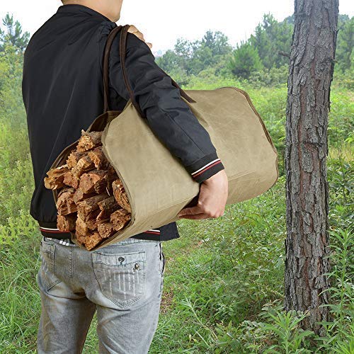 Waxed Canvas Firewood Log Carrier Horse Feeding Tote Wood Carrying Bag Woodpile Fireplace/Camp/Stove/Cabin Durable Heavy Duty Handle - Washed/Resistance soiling Outdoor Indoor(Large Wood Bag-Zipper)