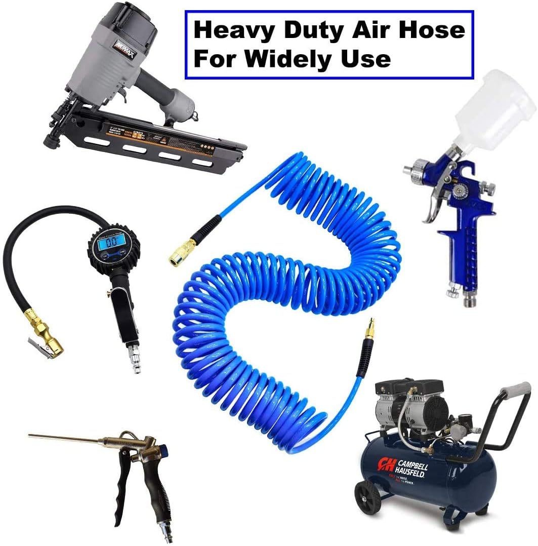 YOTOO Polyurethane Recoil Air Hose 1/4" Inner Diameter by 25' Long with Bend Restrictor, 1/4" Industrial Quick Coupler and Plug, Blue - - 