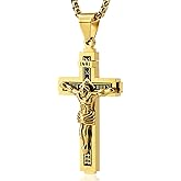 MOOSKI Crucifix Cross Necklace for Men,Silver Gold Jesus on INRI Mens Cross Necklaces with 3mm Cross Chain and Stainless Steel Cross Pendant Jewelry Gifts,Rolo Chain 22-24 Inch