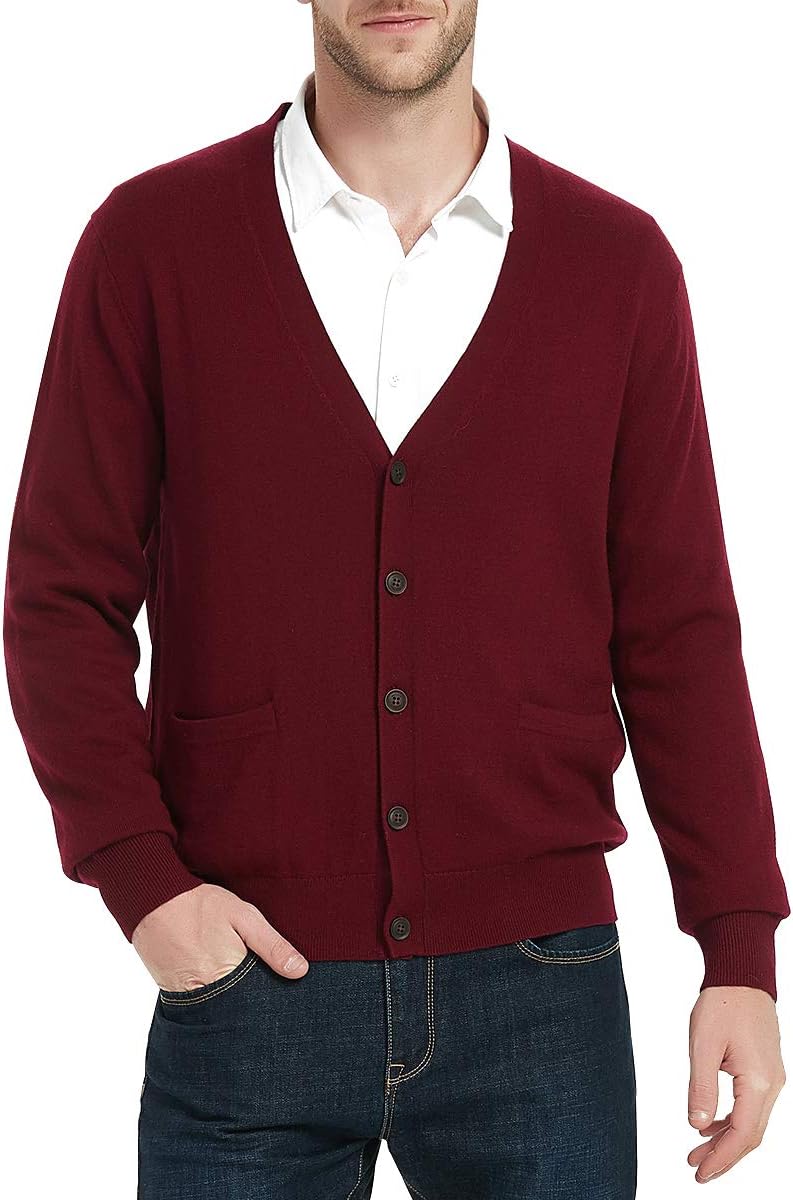 Kallspin Men’s Cashmere Wool Blended Cardigan Sweater Relax Fit V-Neck Knitted Sweaters with Buttons & Pockets