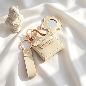 Mini PU Leather Pouch, Cute Keychain Pendant with Mirror Small Earphone Key Lipstick Storage Bag Charm For Women (Beige)