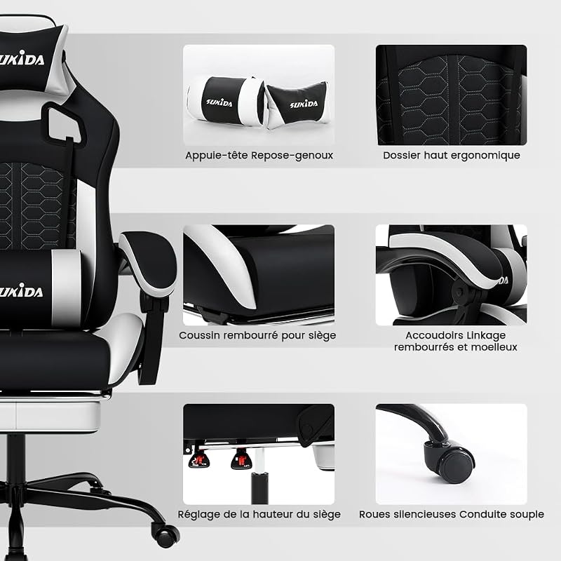 Chaise de Gaming Ergonomique en Cuir synthétique avec Appui-tête et Soutien Lombaire - Jusqu'à 150 kg — photo 7 sur 8