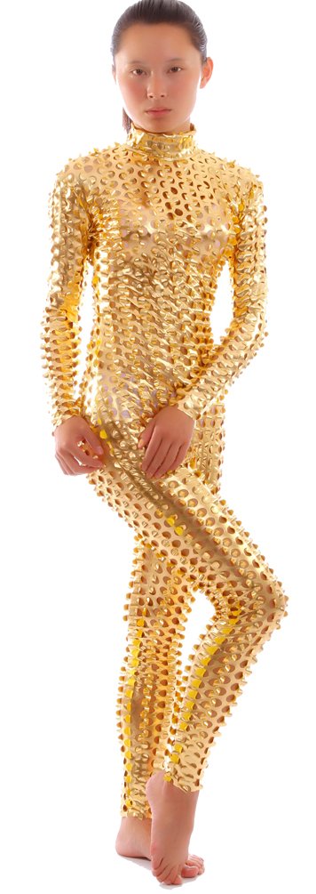 Photo 1 of Seeksmile Unisex Hollow-Carved Shiny Dancewear Catsuit Bodysuit (XX-Large, Gold)