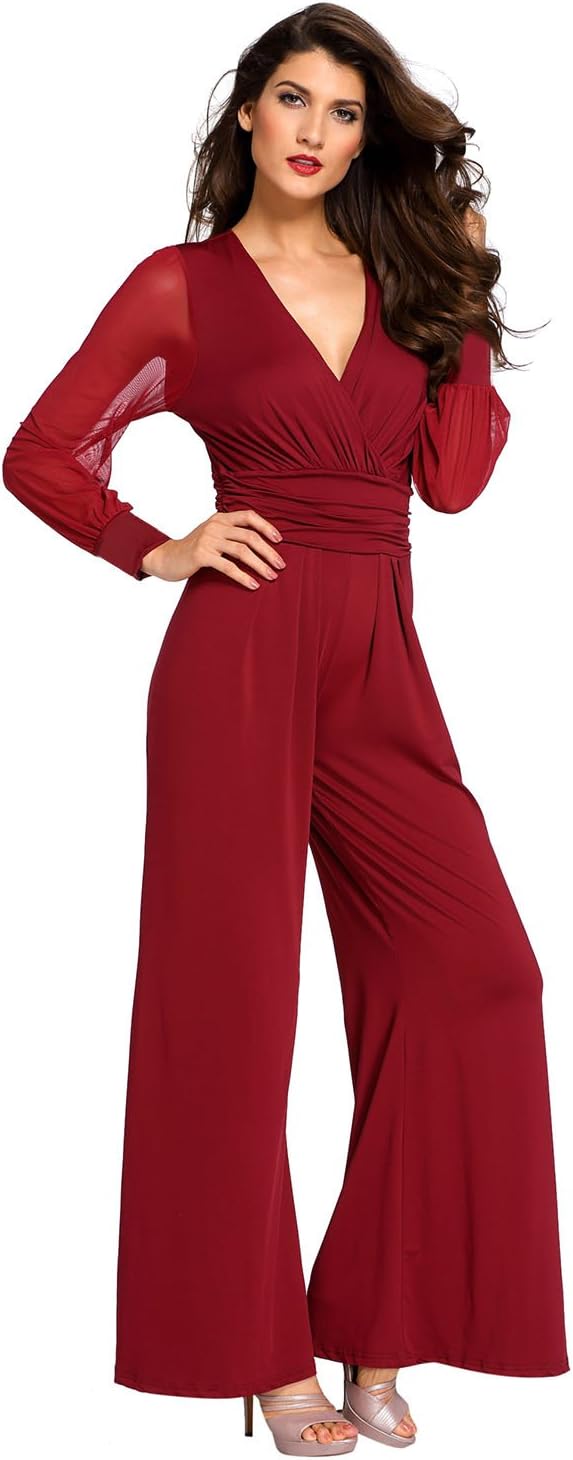 sisiyer Women's Long Mesh Sleeves Plunge V Neck Jumpsuit Burgundy Small