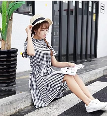 Amigoyo レディースドレス 春夏 純綿 森ガール 高校生 学生 ジュニア 大学生 半袖ワンピース 少女風 可愛い 格子縞 ドレス 優雅復古風 ミモレ丈ワンピース 膝丈 洋服 パーティー 結婚式 イブニングドレス 通販 Amazon