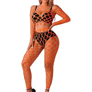 Kaei&Shi Sexy Fishnet Bodysuit Stockings,Mesh Long Sleeve Crop Top Lingerie,Hollow Out Music Festival Rave Outfits