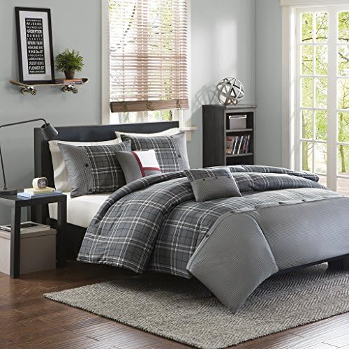 Intelligent Design Daryl Teen Boys Duvet Cover King/Cal King Size - Grey , Plaid โ 5 Piece Teen Boy Bedding โ Peach Skin Fabric Lightweight Duvet Cover Set
