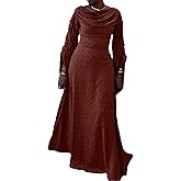 Women's Fall Long Sleeve Maxi Dress Elegant Cowl Neck Swiss Dot Drawstring Boho Long Cocktail Party Going Out Dresses