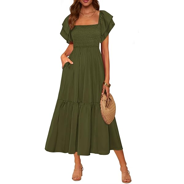 KOPOSTYZT Moss Green Women's Short Sleeve Summer Dresses,Casual Dress Round  Neck Swing Sundress with Pockets at Amazon Women's Clothing store