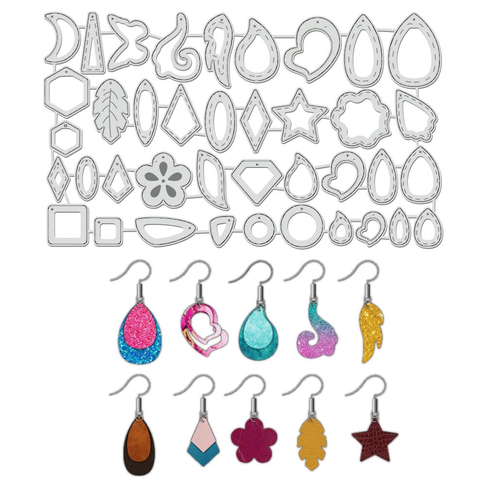 BENECREAT 38pcs Earring Cutting Die, Geometric Pendant Stencils Heart Flower Teardrop Carbon Steel Template for Card Making Decorative Embossing Earring DIY Crafts