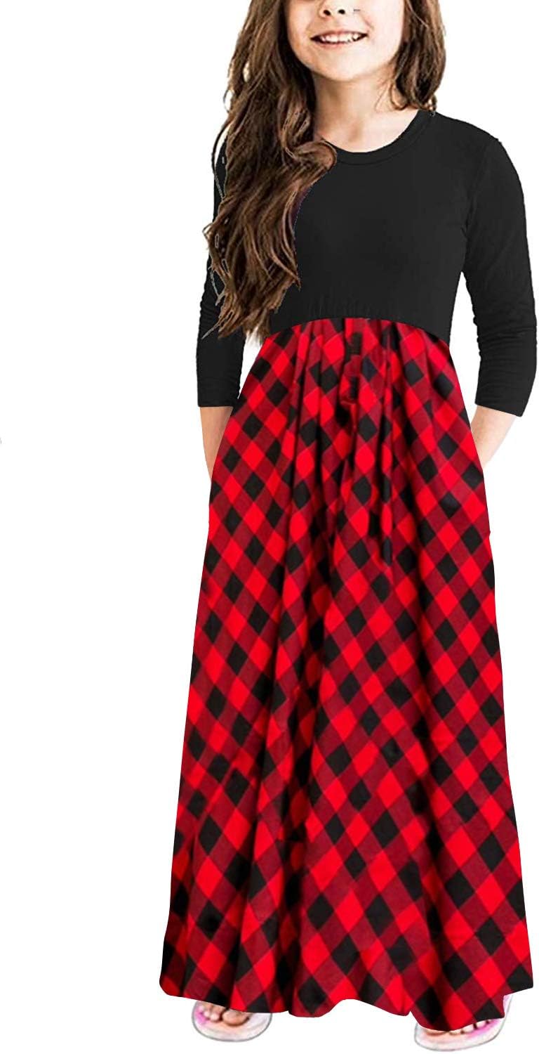 MITILLYGirls 3/4 Sleeve Pleated Casual Swing Long Maxi Dress with Pockets 6-12 Years