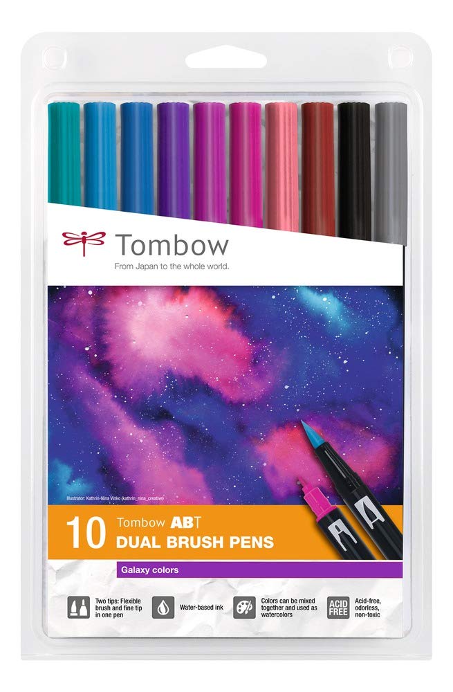 Tombow ABT Dual Brush Pen, set of 10 Galaxy Colors, pen with two tips, perfect for hand lettering and bullet journaling, water-soluble [ABT-10C-3]