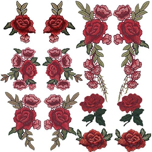 Comfun 12 Pack Red Rose Flower Patch Badge Embroidered Floral Applique Sew On Decorative Patches (12 Pack)