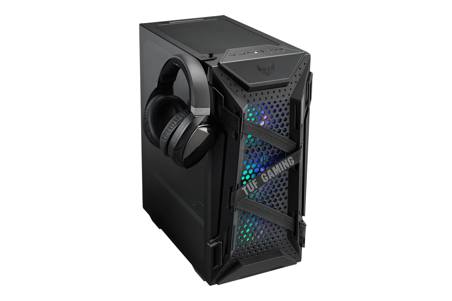 ASUS TUF Gaming GT301 ATX mid-tower compact case with tempered glass side panel, honeycomb front panel, 120mm AURA Addressable RGB fan, headphone hanger and 360mm radiator support.