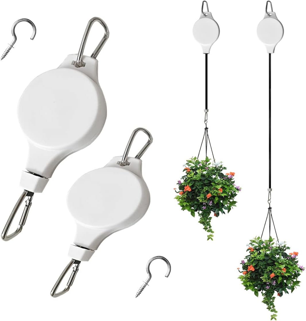 Outdoor Hanging Brackets - EAEDMY 2 Pack Retractable Plant Pulley Adjustable Hanging Flower Basket Hooks for Hanging Plants Heavy Duty, Indoor Outdoor Plant Hanger for Garden Baskets Pots & Birds Feeder - White(2, Buckle Type)