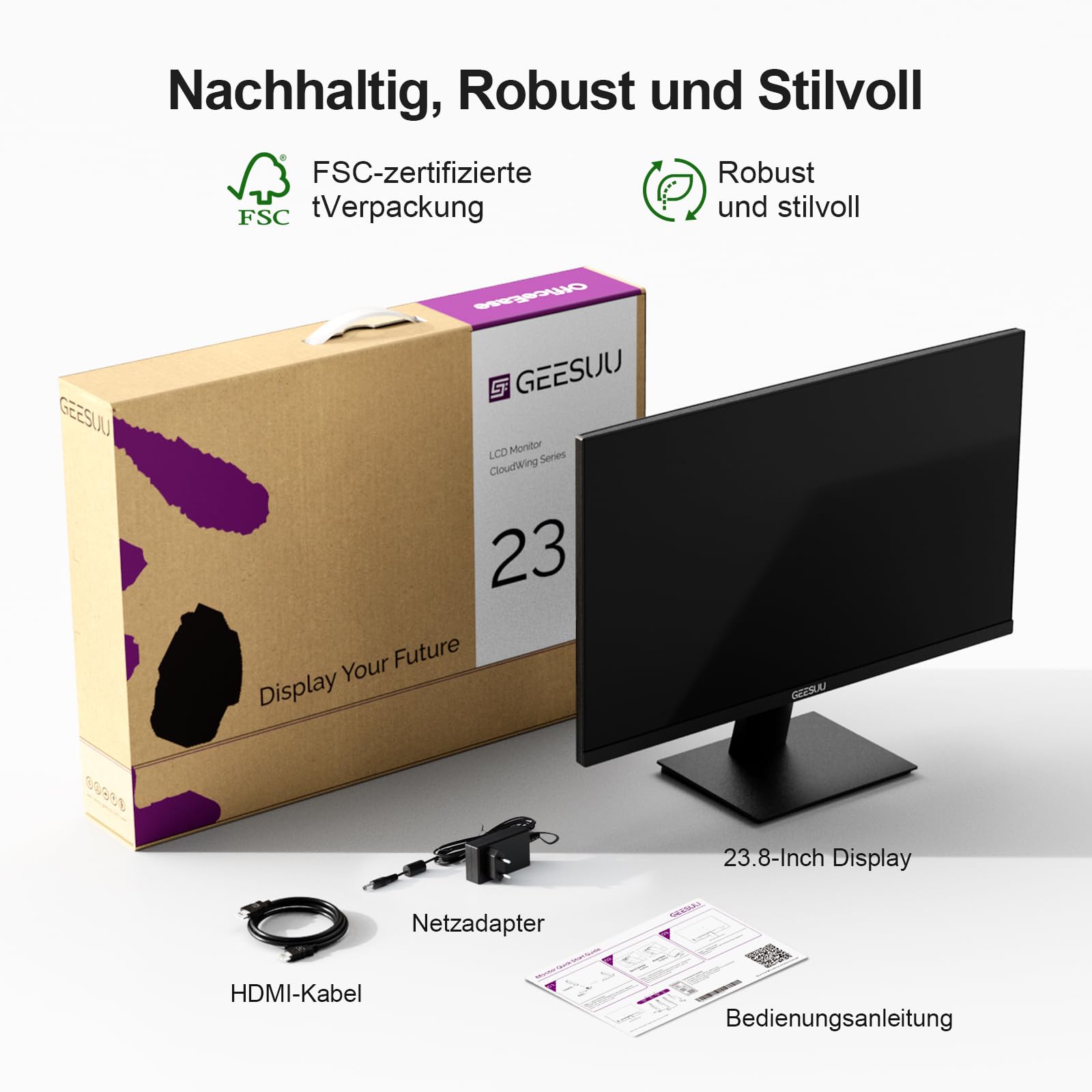 GEESUU 24 Zoll Monitor, PC Bildschirm 144Hz, FHD 1080p Gaming Monitore, 5ms, VA Eye-Care Computer Bildschirm, 99% sRGB, VESA 75x75mm, HDMI 2.0 & DP 1.2 8
